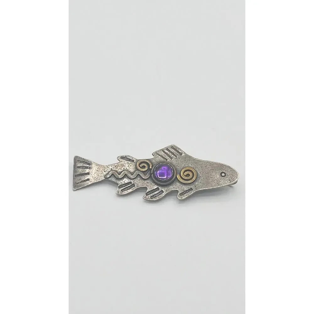 Artisan LCF Catherine McElroy Whimsical Sterling & Amethyst Fish Pendant/Brooch